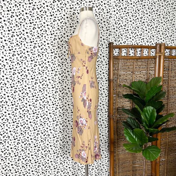 Aritzia | Wilfred Bellow Tan Yellow Floral Print Tie Bust Sexy Summer Midi Dress - Picture 7 of 13